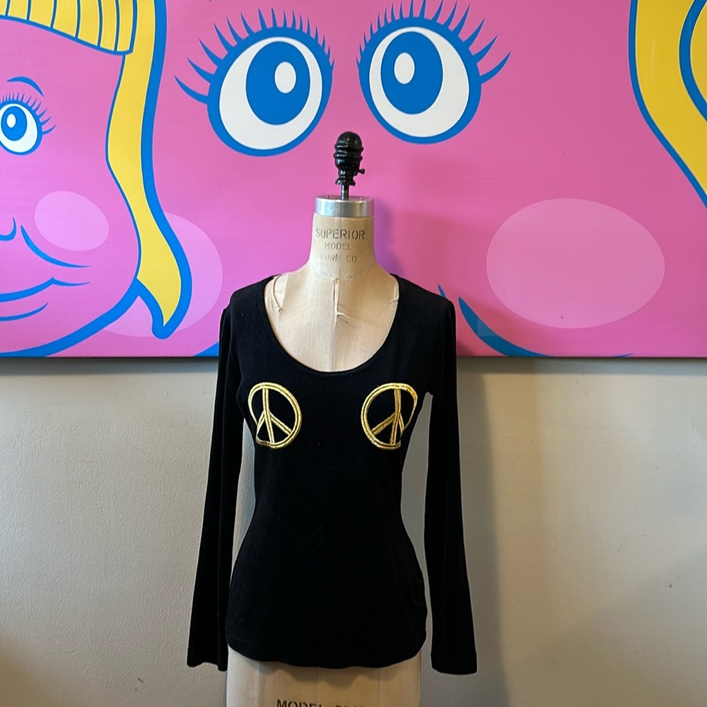 Moschino Velour Black Gold Peace Sign Top
